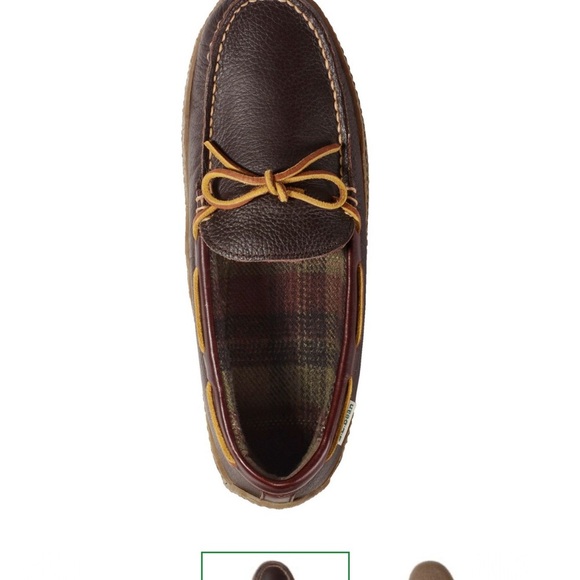 L.L. Bean Men\'s Brown Leather Loafers Handsewn Slippers, Flannel-Lined brand new